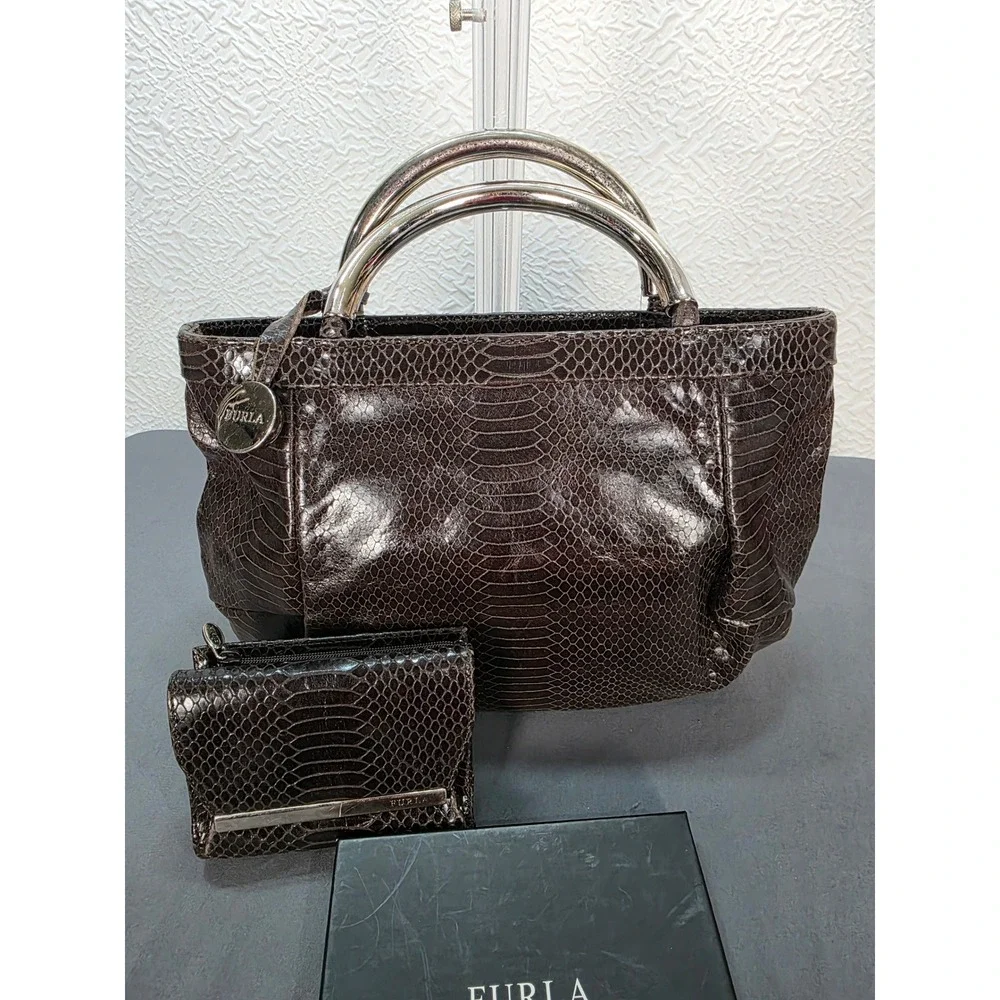 Furla Handbag Set Women Medium Brown Good Vintage Python Embossed Metal Handle